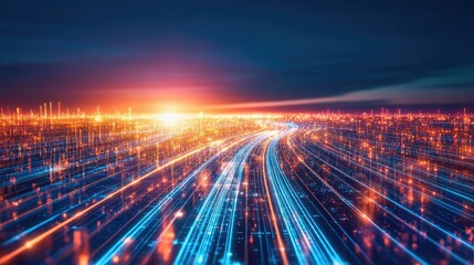 Futuristic Digital Landscape at Sunset