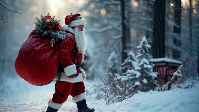 Santa Claus confidently walks through a snowy forest, carrying a big red sack filled with gifts. A cozy cabin glows warmly in the background, capturing the festive and magical spirit of Christmas nig.