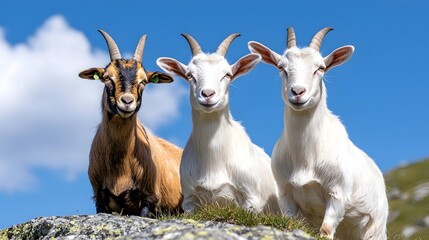 Charming pastoral scene of a herd of goats grazing peacefully on a scenic hillside under a cloudy blue sky  The rustic picturesque landscape showcases the natural beauty of the countryside - Powered by Adobe