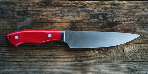 A kitchen utility knife featuring a red handle set against a wooden backdrop. This practical kitchen tool combines functionality with a striking red handle against wood.
