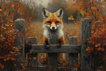 Fototapeta premium curious red fox sneaking through an old farm gate surrounded by vibrant autumn foliage and rustic wooden fences capturing the essence of wildlife in a serene rural landscape