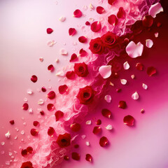 Obraz premium A pink background with red roses and pink petals scattered all over it