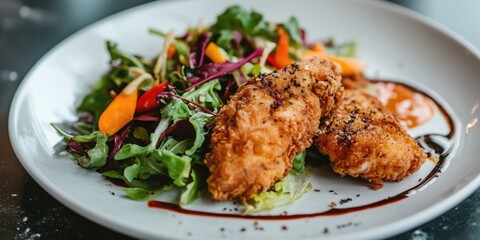 Fototapeta premium A homemade fried chicken fillet served alongside a vibrant mixed green salad, drizzled with dressing, all beautifully arranged on a clean white plate.