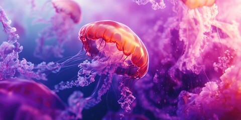 Vibrant jellyfish are seen in purple water within an aquarium, creating a stunning and colorful scene that highlights the beauty of marine life.
