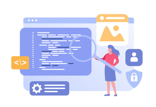Web development. programming languages. css, html, it, ui. programmer cartoon character developing website, coding. flat illustration banner for website