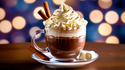 A cup of hot chocolate with whipped cream and a cinnamon stick on top