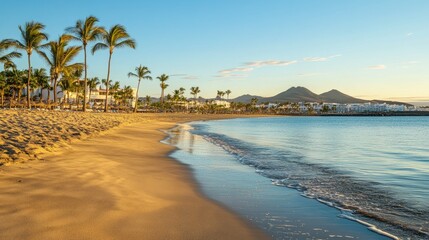 Obraz premium Serene Beach at Sunset with Lush Palm Trees