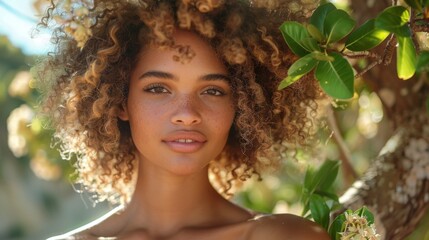 A close-up portrait of a beautiful woman with curly hair, surrounded by lush greenery and soft natural light, creating a serene and vibrant atmosphere.