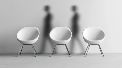 Fototapeta premium Three white architect chairs are arranged side by side against a plain grey background, with a blurred figure in the backdrop, creating a modern and stylish atmosphere. Ample copy space available.