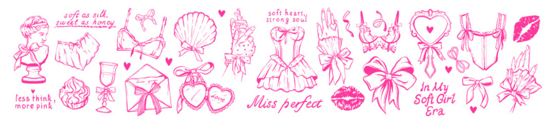 Coquettish woman lingerie set, vector hand drawn romantic lady clothing doodle, vintage bra, ribbon. Feminine love design objects, coquette quotes, female hand, silk bow, lips kiss. Woman lingerie art