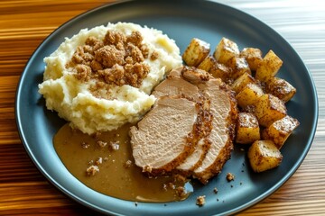 Thanksgiving Meal: Sliced turkey roast with gravy sauce. Served on a dark plate with, stuffing, mashed potatoes dashed with seasoning. Dinner.
