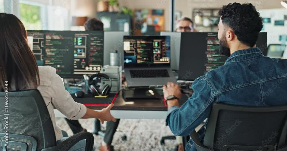 Aufkleber Computer screen, high five and programming with business people in office for software engineering. Coding, motivation or success with web development man and woman in workplace for goals or target