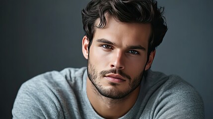 Fototapeta premium Young Man with Short Hair and Thoughtful Expression
