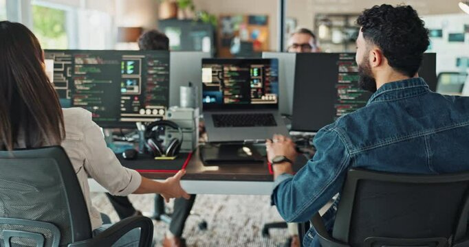 Computer screen, high five and programming with business people in office for software engineering. Coding, motivation or success with web development man and woman in workplace for goals or target