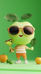 Fototapeta premium cute chibbi 3d blender apple character wearing gangster meme sunglasses holding a champion trophy 