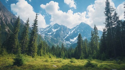 Obraz premium Peaceful mountain landscape with snowy peaks and a lush pine forest, perfect for nature photography. This serene mountain landscape offers ample copy space for your creative projects.