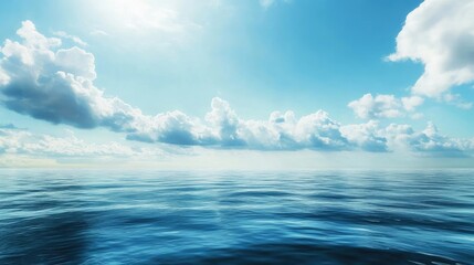 Obraz premium Majestic seascape panorama captures the tranquility of the ocean under a vast sky filled with clouds. A serene view of nature that invites peace and reflection, with ample copy space.