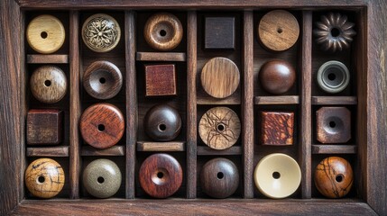 Fototapeta premium Wood furniture knobs arranged artistically in a rustic wooden box, creating a charming display of wood furniture knobs with ample copy space for design elements.
