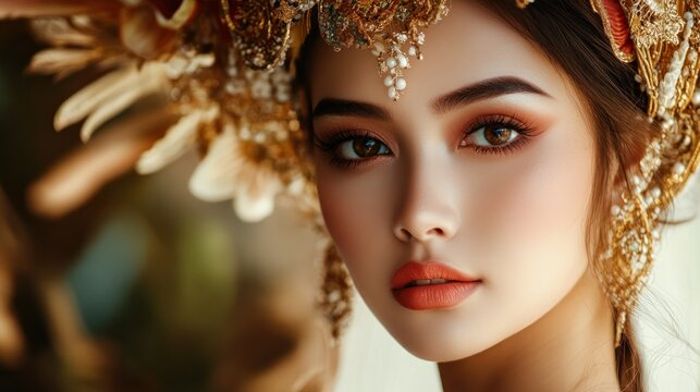 Beautiful female asian model with traditional bridal makeup regional customs background wallpaper AI generated image