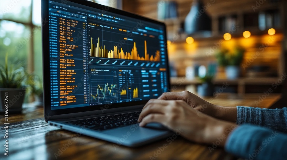 Poster a person is working on a laptop, examining graphs and data in a warm wooden office. the ambient ligh