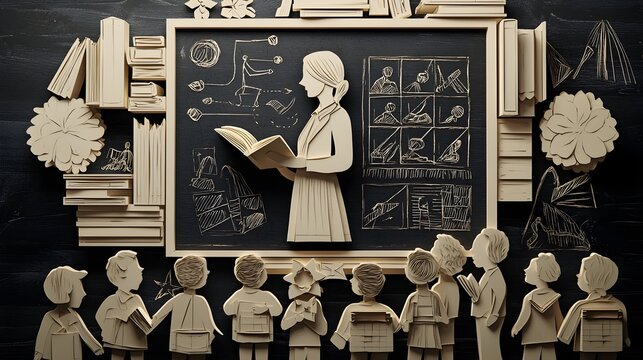 Detailed layered paper cut style showcasing a teacher reading to a group of children in a classroom setting  with various educational elements such as a chalkboard  books  and other scholastic items