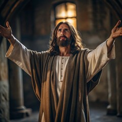 Naklejka premium Jesus with Open Arms A warm and inviting Jesus with his arms open wide, offering love and grace to all.