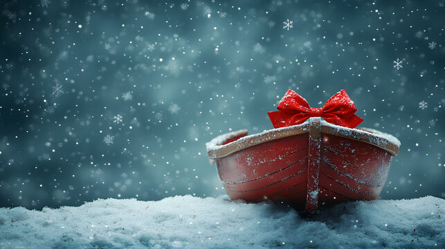 A Charming 1950s Sleigh Decorated with a Red Bow in a Picturesque Snowy Landscape