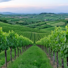 Naklejka premium Lush vineyard landscape with rows of grapevines under a serene sky.