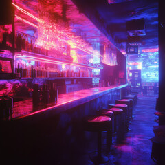Step into a neon cyberpunk bar where digital decay meets glitchy textures, creating an immersive atmosphere of futuristic nightlife.