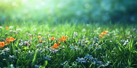 A chilly meadow filled with towering grass and vibrant spring blooms. An area is available for text insertion.