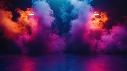 Naklejka premium Vibrant explosion of color and lighting effects illuminate a dark stage, creating an immersive atmosphere. The explosion of color enhances the dynamic feel while allowing for ample copy space.