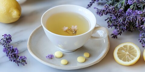 Ginger and lemon tea infused with healing herbs, vibrant lozenges, tablets, a bush adorned with tiny purple blossoms, and fragrant essential oils offer wellness benefits.