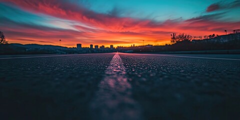 An unoccupied asphalt road stretches through a city skyline, all illuminated by the warm hues of sunset across the sky. This scene captures the tranquility at dusk.