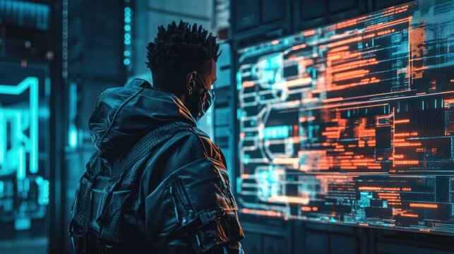A young man engineer is looking at a digital cyber technology screen cyberpunk background wallpaper AI generated image