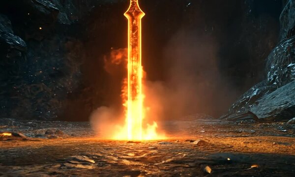 Flaming Sword Embedded in Lava Rock