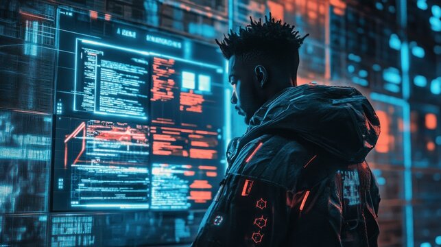 A young man engineer is looking at a digital cyber technology screen cyberpunk background wallpaper AI generated image
