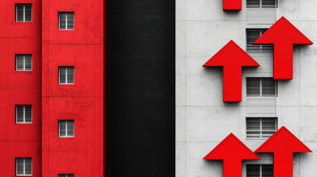 Red arrows pointing upward on modern apartment building create striking visual contrast with red and gray walls, enhancing urban aesthetic