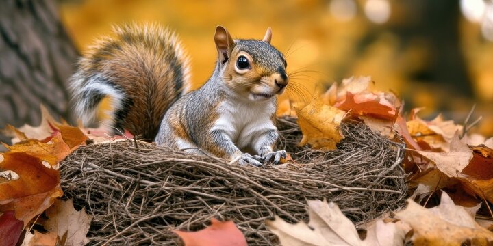 A squirrel is busy building a nest during the autumn season, gathering materials to prepare for winter as the leaves change color and fall.