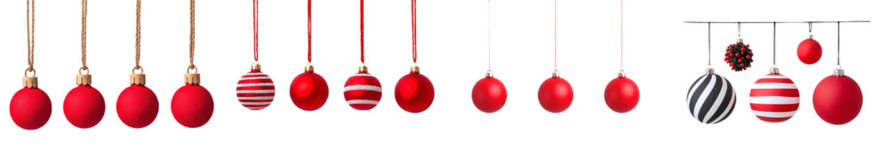 A row of four red Christmas baubles suspended on a white background. Transparent.