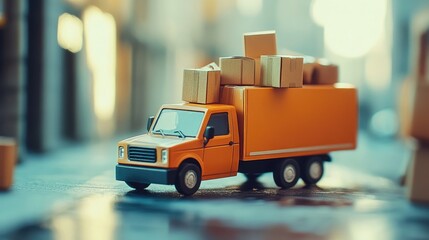 Tiny delivery truck with a heap of cardboard boxes on a blurred surface, highlighting the concept of transport and logistics