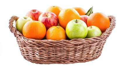 Isolated collection of vibrant oranges and apples in a basket, highlighting the freshness and variety of fruits. Ideal for fruit-related themes with ample copy space.