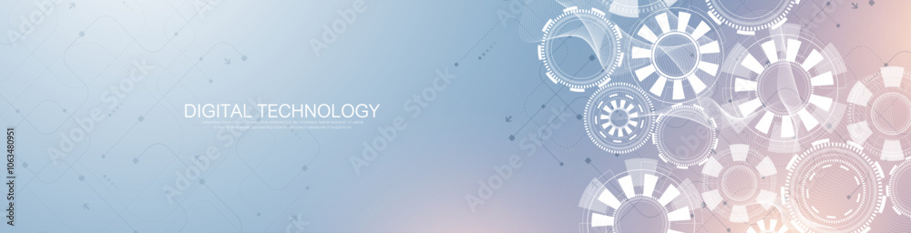 Poster Abstract digital technology background with circuit board texture. Abstract gear wheel mechanism background. Engineering concept for poster, header, banner, website, presentation.