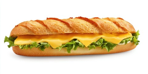 A sandwich containing cheese and lettuce is presented against a white background, clearly showcasing its ingredients of cheese and fresh lettuce within the bread.