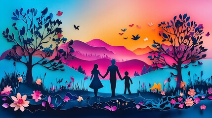 Fototapeta premium Family silhouettes holding hands together walking through a layered landscape of trees flowers and a vibrant sunset mountainscape in a digital papercut style