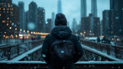 Fototapeta premium A Person Standing on a Snowy Bridge with Hands in Coat Pockets Captured in a Winter Wonderland Scene for Travel or Lifestyle Use