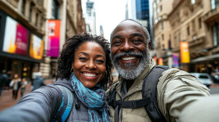 Happy Senior Couple Taking a Selfie in a Bustling City Street, Exploring Urban Life Together - Horizontal