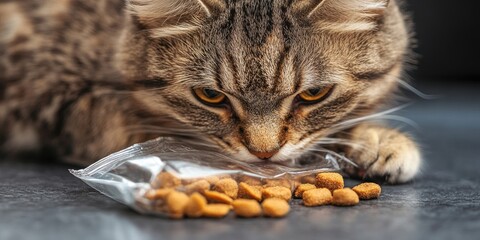 Naklejka premium A cat is relishing its meal that comes from a vacuum sealed bag, clearly enjoying its food. The joy of the cat highlights the satisfaction of the delicious meal.