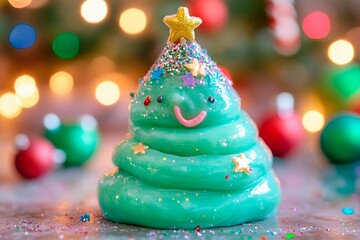 Festive slime shaped like a Christmas tree with colorful stars and a smiling face. Generative AI