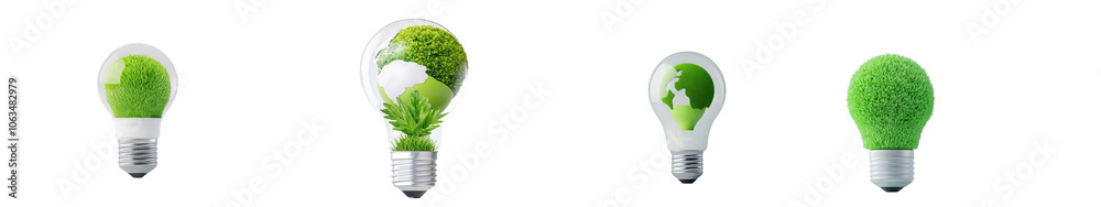 Poster symbolic of green energy on a white background, a lightbulb has a map of the globe that symbolizes e