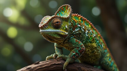 Obraz premium A chameleon perched on a tree branch. The intricate patterns and unique eye structure of the chameleon, which allows it to focus independently with each eye, are clearly visible.